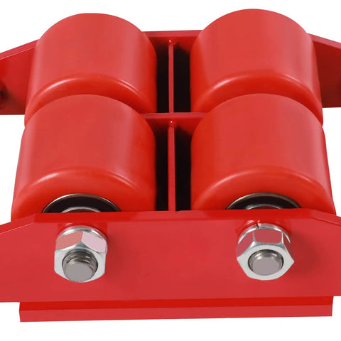 Four Piece Heavy Duty Machinery Skate Dollies Built For 13200 Lbs Loads With Sturdy PU Tires For Smooth Gear Haulin And Easy Warehouse Moves Without Breaking A Sweat On Your Shop Floor In Red close-up of roller assembly.