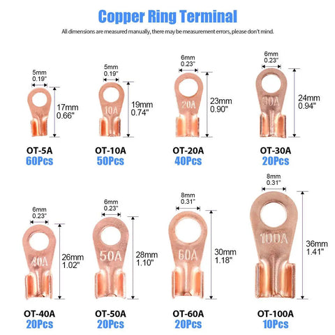 Top Shelf Open Barrel Copper Ring Lug Terminals And Heat Shrink Tubing Assortment Kit For Auto Battery Cables and Hot Wiring Jobs image with various size copper ring terminals.
