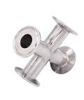 DERNORD 4-way cross tri-clamp fitting, stainless steel 304, 1.5 inch sanitary pipe, angled front view