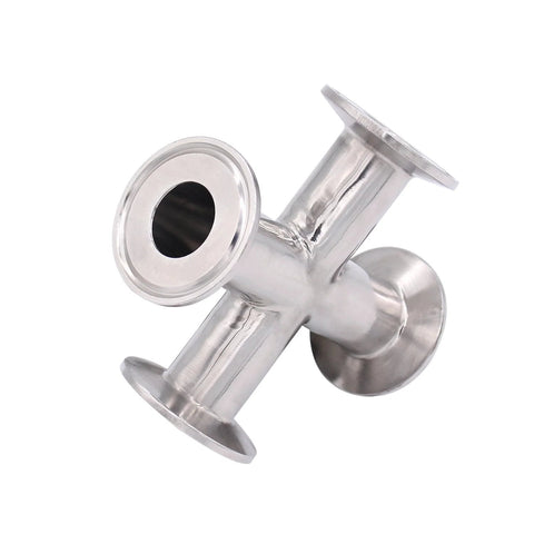 DERNORD 4-way cross tri-clamp fitting, stainless steel 304, 1.5 inch sanitary pipe, angled front view
