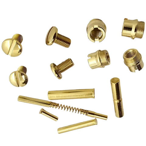 Straight Up Quality Polished Gold Plated 1911 Grip Screws Pins And Bushings Set, detailed view of kit components.