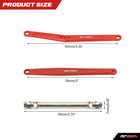 35mm Extended Wheelbase Suspension Kit With 70mm CVD Drive Shaft Upgrades For FMS FCX24 1 By 24 Crawlers - Extended Upper And Lower Linkage, Rock Bouncer Ready, Red Finish, All In One Upgrade, 85mm and 76mm red aluminum links with 70mm CVD shaft