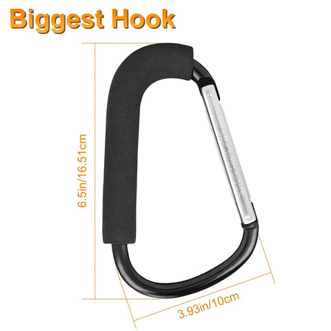 Two Pack Stroller Hooks With 6.3 Inch Large Carabiner Clips, black foam grip, heavy duty stroller accessory, size dimensions shown.