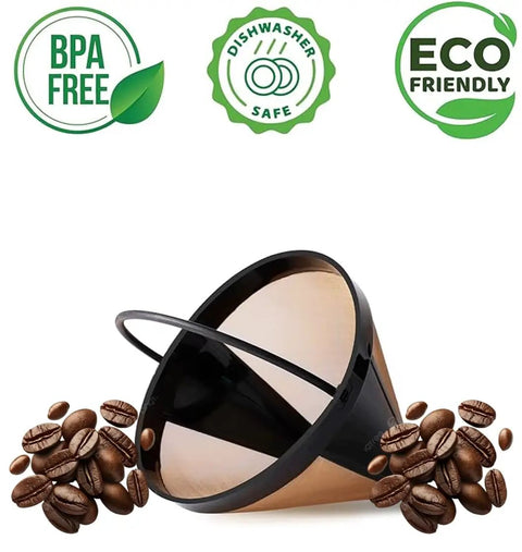 Permanent Number Four Cone Coffee Filter Stainless Steel Eco Friendly Reusable Gold Mesh Fits Most Drip Coffee Makers with coffee beans.