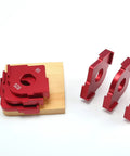 Heavy Duty Aluminum Radius Jig Router Templates Set Corner Routing Bit Circles with R5 and R30 templates on wooden base.