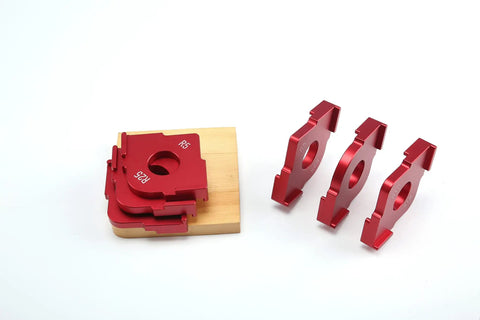 Heavy Duty Aluminum Radius Jig Router Templates Set Corner Routing Bit Circles with R5 and R30 templates on wooden base.