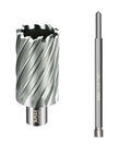Annular cutter 1-1/2 in diameter with Weldon shank 3/4 in (2 flats) and mag drill bit with 1/4 in x 4 in pilot pin