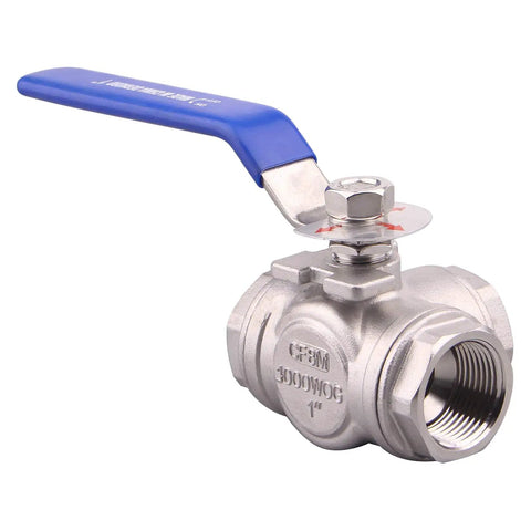 3 Way Ball Valve With T Mounting Pad, Stainless Steel 304, Female 1 Inch NPT Ports For Water Oil And Gas, Vinyl Locking Handle