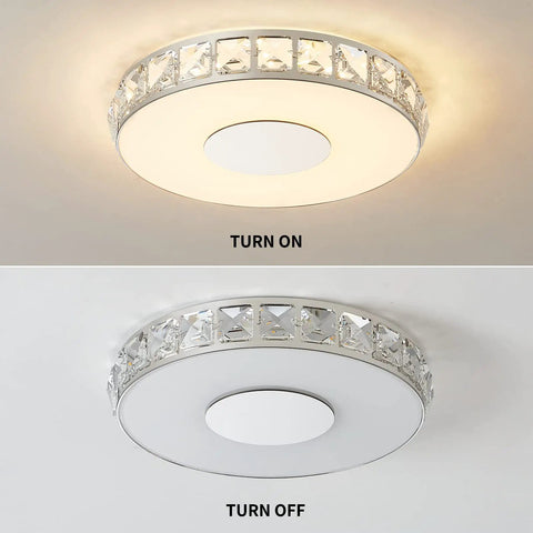 14 Inch Modern Ceiling Light Flush Mount With Crystal K9 Glass LED Dimmable Chandelier, shown lit and unlit