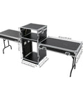 14U PA DJ Rack Heavy Duty Mobile Audio Equipment Cabinet with dimensions and two-tier design, plywood and steel frame visible