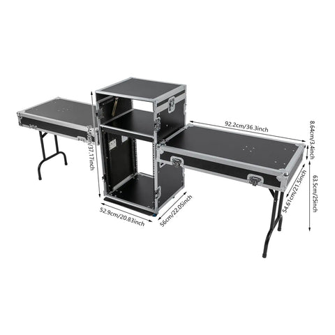 14U PA DJ Rack Heavy Duty Mobile Audio Equipment Cabinet with dimensions and two-tier design, plywood and steel frame visible