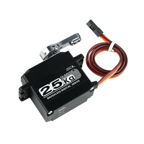 Built Tough 25Kg Brushless Digital Servo With Full Metal Gears crafted for heavy duty use, showcasing metal gears and wiring.