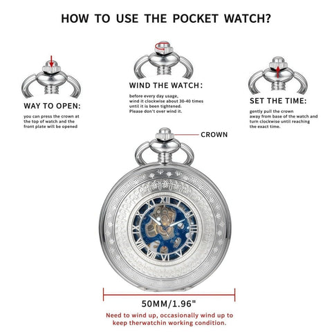Vintage Skeleton Pocket Watch For Men With Chain Real Deal Mechanical Timepiece With Roman Numerals Silver Blue Case Elegant Engraved Cover Classic Antique Style For Everyday Wear