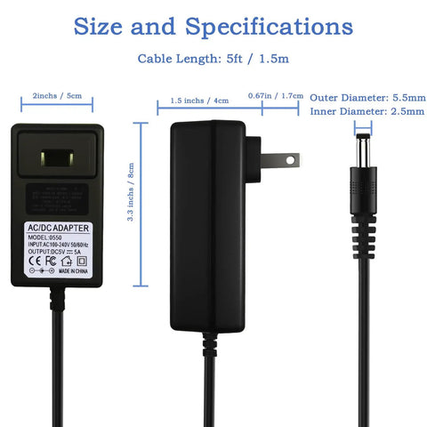 Go-To 5V 5A Power Supply 25W For 3D Printers And LED Matrix, Global Adapter with dimensions and cable length