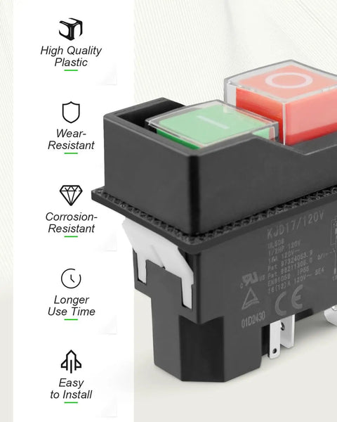 Pushbutton Electromagnetic Switch for Garden Tools and Beefy Heavy Duty Machines, 120V 5PIN Replacement Safety Start Switch, Easy Install