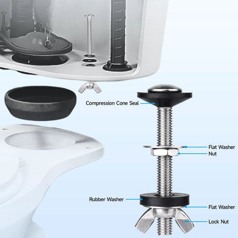 Close-up of a toilet repair bolt and gasket kit with stainless steel components for leak repair and universal fit.
