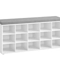 Storage Shoe Bench With Padded Seat And Fifteen Compartments For Entryway Or Bedroom, Cloud White And Dove Gray, Sturdy Build