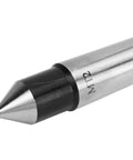 Close-up of Pro Grade MT2 60 Degree Half Notched Dead Center For High Speed CNC Lathes, hardened alloy head, high carbon steel.