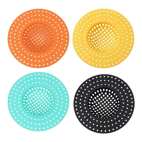 3 Pack Heavy Duty Sink Drain Strainers in orange, yellow, teal, and black. Essential plumbing accessory for preventing clogs.