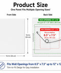 Easy Glide Fit Adjustable Spring Loaded Access Panel For Drywall Ceilings White Wall Hole Cover Plate size diagram showing dimensions from 8.5" x 7.5" to 12" x 12".