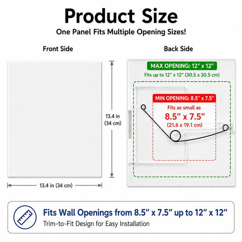 Easy Glide Fit Adjustable Spring Loaded Access Panel For Drywall Ceilings White Wall Hole Cover Plate size diagram showing dimensions from 8.5" x 7.5" to 12" x 12".