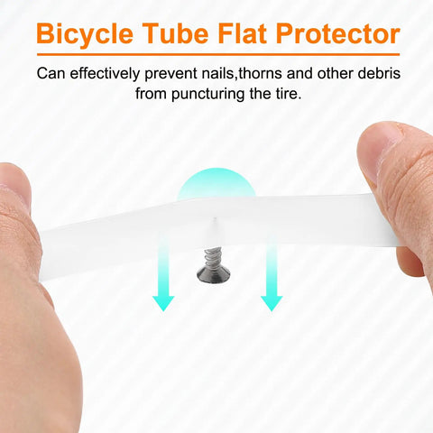 Two Pack PU Bike Tire Liners For 27.5 Inch Tires Puncture Proof Flat Protector in hand deflecting a nail