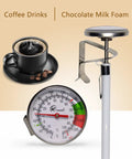 Instant Read 2-Inch Dial Thermometer For Coffee Drinks And Milk Foam, with stainless steel probe and cup of espresso.