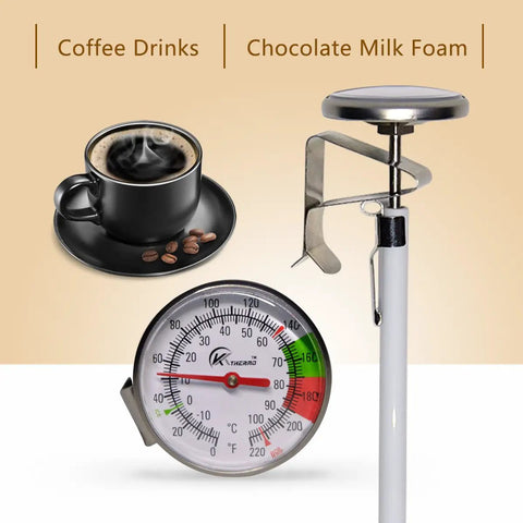 Instant Read 2-Inch Dial Thermometer For Coffee Drinks And Milk Foam, with stainless steel probe and cup of espresso.