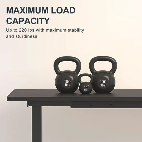 Heavy Load Electric Standing Desk Built Different For The Daily Grind, Super Silent Motor Lift Tech, Generous 55 By 28 Inch Sit Stand Workstation For Cozy Home Office And Pro Gaming Rig with kettlebells on top.