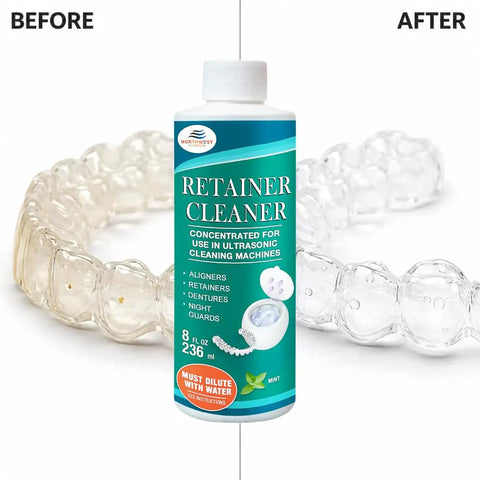 Before and after use of Mint Ultrasonic Retainer Cleaner Solution Concentrate for ultrasonic machines with retainer.