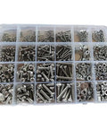 Top Shelf 710 Piece 304 Stainless Steel Fastener Kit With Cross And Round Head Machine Screws Bolts Nuts And Flat Washers In M2 M3 M4 M5 Metric Sizes organized in a clear storage case.