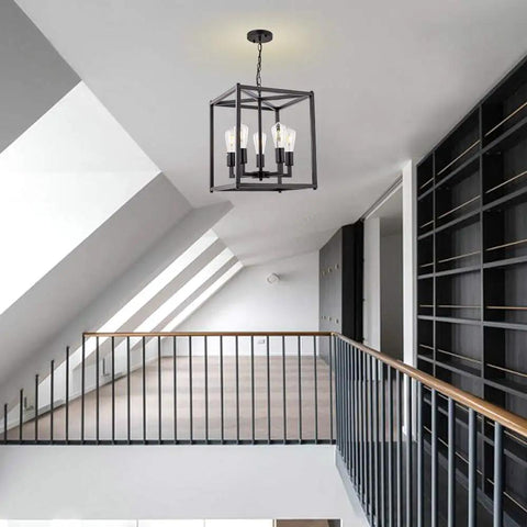 Five Light Black Lantern Pendant Chandelier For Foyer And Dining Room, Vintage Industrial Farmhouse Style Lighting With Bird Cage Metal Frame, E26 Base, Dimmable, LED Compatible. Ideal For Entryway Hallway Island Kitchen.