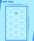 Hexagon 14 Grid LED Garage Light Kit With Blue Border Frame dimensions, 95.8in by 190.6in, grid size 17.3in, 650W design