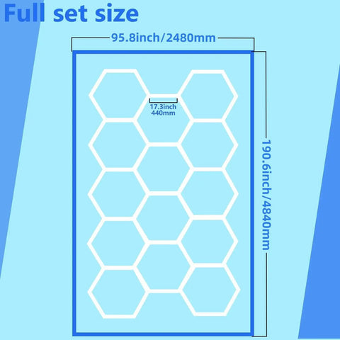 Hexagon 14 Grid LED Garage Light Kit With Blue Border Frame dimensions, 95.8in by 190.6in, grid size 17.3in, 650W design