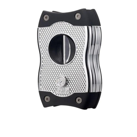 SV Cut 2 In 1 Cigar Cutter With V Cut And Straight Cut, Ergonomic Stainless Steel Design, Black, close-up of cutter blades