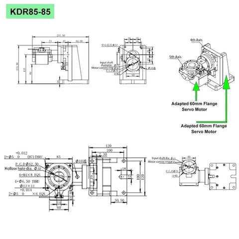 Technical drawing of Pro Grade Fourth And Fifth Axis Motorized Rotary Table With Hollow Servo Base for CNC precision.