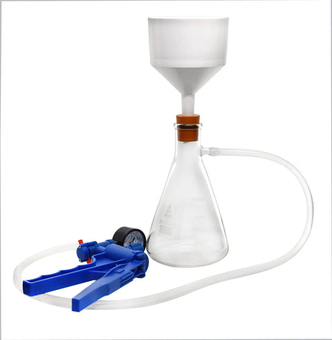 Complete Vacuum Filtration Kit For Lab And Home Science Including 500mL Glass Filtering Flask With Sidearm, Hand Vacuum Pump With Gauge