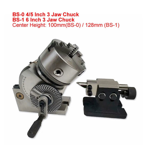 Built Tough Stepper Motor Universal Dividing Head For Router Table With Heavy Duty 3 Jaw Chuck And Tailstock, showing BS-0 and BS-1 chucks.