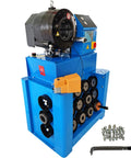 Top Shelf Heavy Duty Electric Hydraulic Hose Crimper With Precision Micrometer Scale And Thirteen Die Sets For Smoothly Crushing Zero Point Five Five To Two Point Seven Inch Fittings Fast With Four Eighty Volt Power, showcasing die sets and tool components.