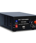 Front view of a 13.8V 30A DC power supply for ham radios and bench projects, compact regulated benchtop converter with cooling fan, 5V 2A USB output