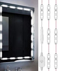 Ultra Bright Vanity LED Strip Lights 10 Ft Dimmable Touch Control For Makeup Table And Bathroom Mirror With 60 LEDs 6500K White High Clarity Lighting ETL Listed Mirror Not Included displaying on a wall-mounted bathroom mirror, showing bright illumination.