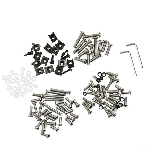 Complete Fairing Bolt Kit For ZX6R 636 ZX6RR Sportbike Track Pack 155 Piece Stainless Steel Hardware Set With Socket Head Bolts Flange Bolts Washers Windshield Fasteners And Two Wrench Tools For A Slick Factory Quality Fit. 304 stainless fairing bolt kit laid out with bolts, washers, clips, and hex keys