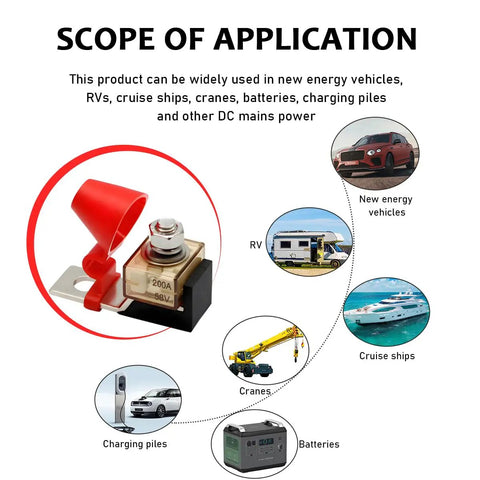 Heavy Duty 200A Battery Terminal Fuse Block Kit Waterproof 58V Fuse Mount For Cars Trucks Rvs Boats Corrosion Proof Terminals shown with applications.