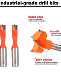 Tough As Nails Three Pc Hinge Boring Drill Bit Set With 1 3/8 RH Forstner And Two 5/8 LH Brad Point Bits For Cabinet Hardware Zero Hassle Wood Drilling Heavy Duty Tungsten Carbide Blade, showing blade edges and handles.