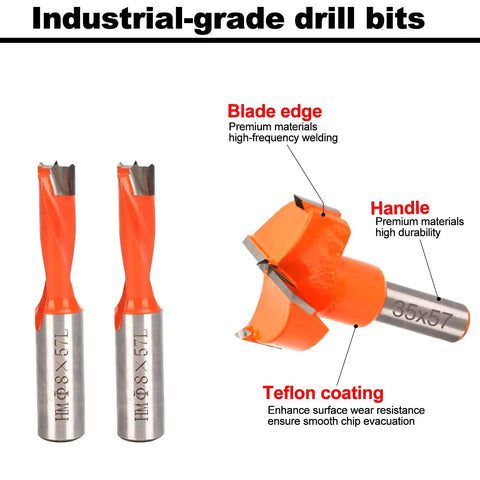 Tough As Nails Three Pc Hinge Boring Drill Bit Set With 1 3/8 RH Forstner And Two 5/8 LH Brad Point Bits For Cabinet Hardware Zero Hassle Wood Drilling Heavy Duty Tungsten Carbide Blade, showing blade edges and handles.
