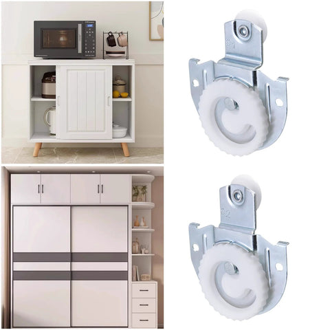 Image showcasing a Six Piece Sliding Closet Door Roller Set With Upgraded Bearing Top Rollers Adjustable Screws And Hooks Complete Hardware Replacement For Smooth Wardrobe Closet And Cabinet Door Sliding.