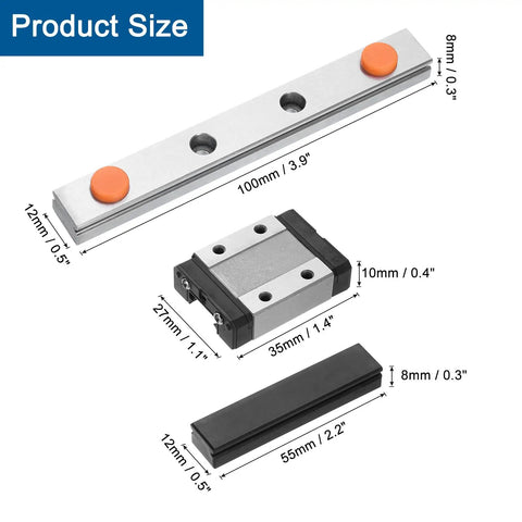 MGN12 100mm Linear Guide Rail Kit With MGN12C Carriage Block And Plastic Mini Guide for CNC and 3D printers, showing dimensions.
