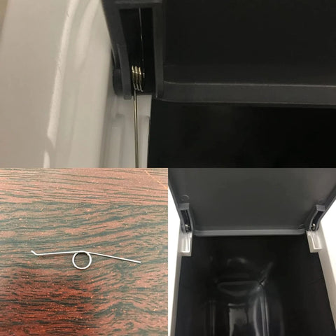 Five silver stainless-steel 0.7mm 3-coil torsion springs for garbage can lids; spare springs shown beside the lid.