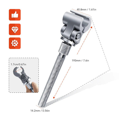 Universal Stainless Steel Door Hinge Adjustment Tool, Quick Fix Hinge Wrench For Indoor And Outdoor Doors, Fix Sagging Doors Fast In A Snap Without Dismantling, Durable And Easy To Use shown from the side with measurements and adjustable jaw.