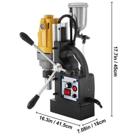Powerful 40Mm Magnetic Drill Press With 1100W Motor, featuring stepless variable speed control, 17.7in tall, for precise drilling.